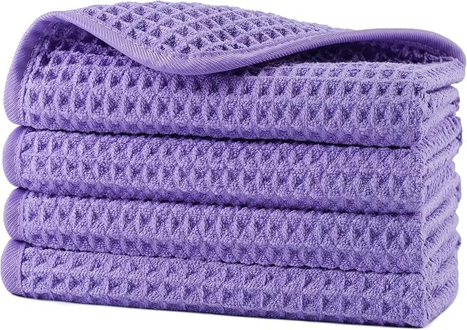 POLYTE Microfiber Lint Free Washcloth Face Towel, 13 x 13 in, 4 Pack (Waffle Weave)