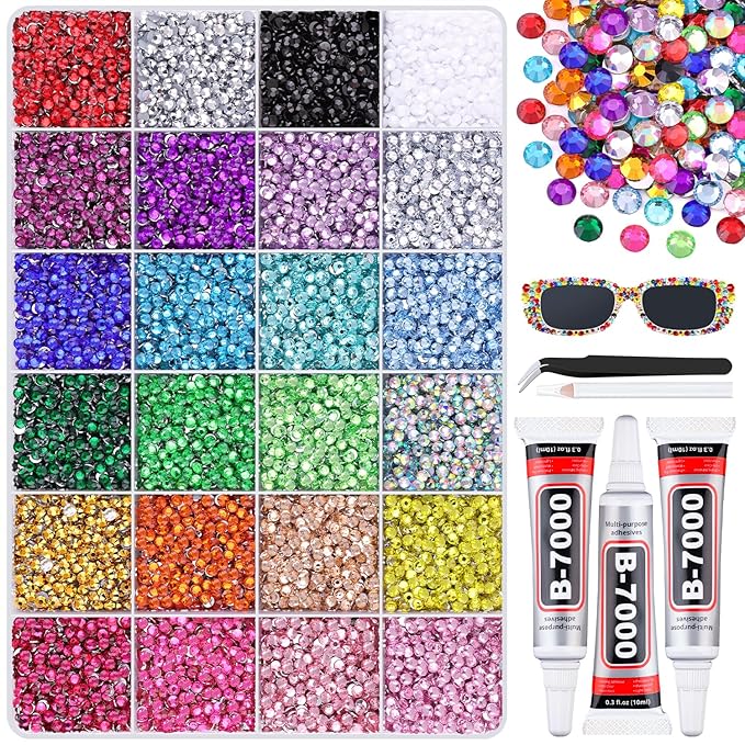 24000Pcs Resin Rhinestones with 3Pcs B7000 Jewelry Glue for Crafting, Multicolors 3mm Non Hotfix Flatback Gems, Bedazzling Crystal for DIY Crafts Clothing Tumblers Mugs Shoes Fabric Decor Nail Art