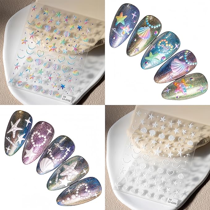 2 Sheets 5D Embossed Seashell Starfish Nail Art Stickers Summer Ocean Nail Stickers Colorful Fantasy Ocean Nail Stickers Shell Pearl Jelly Star Starfish Nail Supplies for Women Nail Decorations