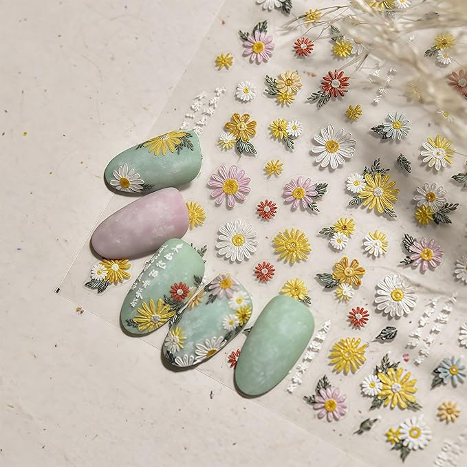Colorful Flowers Nail Stickers 5D Self-Adhesive Embroidered Daisy Floral Design Decals Spring Daisy Flowers Nail Art Charms for Women DIY Decorations Exquisite Cardboard 1Sheets Set