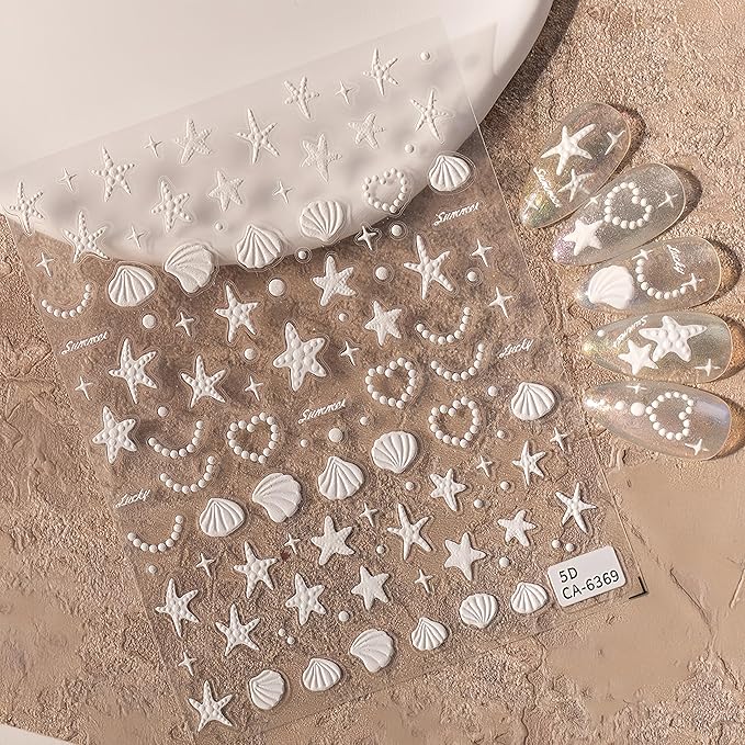 2 Sheets 5D Embossed Seashell Starfish Nail Art Stickers Summer Ocean Nail Stickers Colorful Fantasy Ocean Nail Stickers Shell Pearl Jelly Star Starfish Nail Supplies for Women Nail Decorations