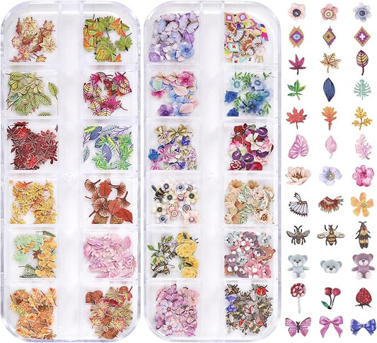 600Pcs 3D Mixed Colorful Flower Nail Art Charms Sequins Decals Colorful Mixed Leaves Daisy Design Slice Nail Flowers Ultra Wood Pulp Flakes Sequins 3