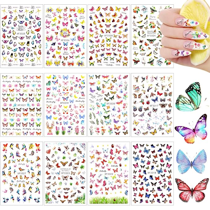 24 Sheets Colorful Butterfly Flower Nail Stickers - Mixed Design Self-Adhesive Nail Decals - Butterfly Manicure Sticker for Women - Nail Decorations (Classic Style)