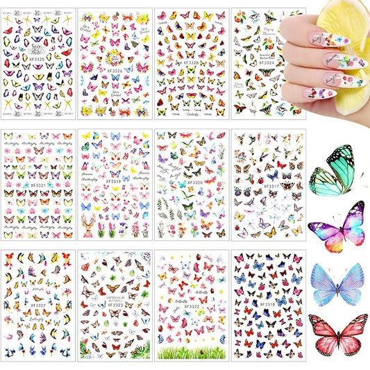 24 Sheets Colorful Butterfly Flower Nail Stickers - Mixed Design Self-Adhesive Nail Decals - Butterfly Manicure Sticker for Women - Nail Decorations (Classic Style)