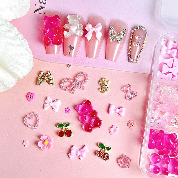 3D Pink Flower Nail Charms Y2K, Cute Resin Bear Star Heart Bow Nail Art, Gold Silver Butterfly Cherry Charms Nail Design for Women Nail Art Accessories Manicure DIY Crafts