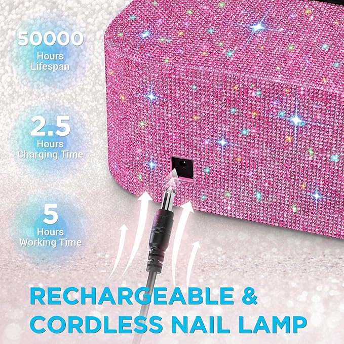 Aedavey Cordless UV Nail Lamp, Rechargeable UV Light for Gel Nails, LED Nail Lamp with 4 Timer Modes, Gel Nail UV Light Decorate with Sparkling Nail Rhinestones