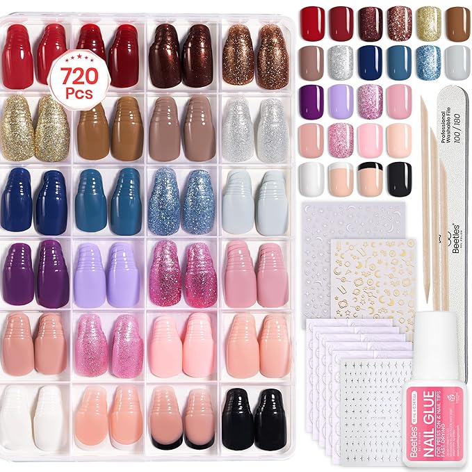 Beetles Press On Nails Kit - Bubble Pop | 720Pcs 24 Colors Short Square Press On Nails | 15 Sizes French Glossy Glitter With Nail Glue & Nail Tabs Stickers, Fake Nails Kit Art For Women