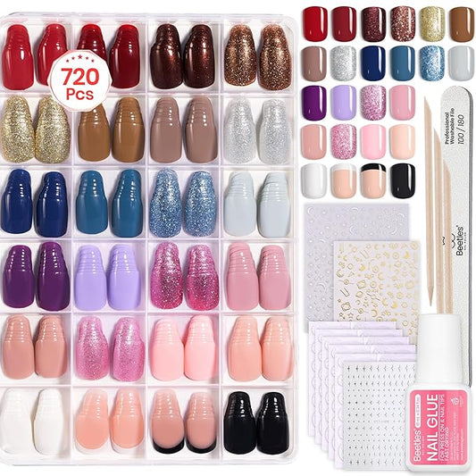 Beetles Press On Nails Kit - Bubble Pop | 720Pcs 24 Colors Short Square Press On Nails | 15 Sizes French Glossy Glitter With Nail Glue & Nail Tabs Stickers, Fake Nails Kit Art For Women