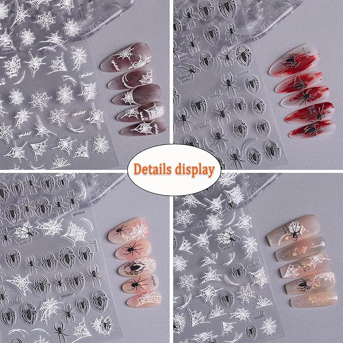 4 Sheets Halloween Nail Stickers for Nail Art 5D Embossed Self-Adhesive Spider Web Nail Art Stickers White Black Spider Nail Decal for Women Girls Scary Halloween Manicure Decoration