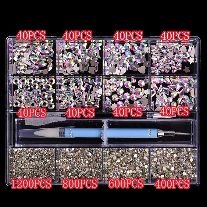 3320Pcs AB Nail Art Rhinestones Crystal,HOINCO 3D Rhinestones Gems Jewels Diamond,24 Types of 320 Diamonds + 3000 Round Beads, Crystals 3D Flat Back Gemstones for Nail DIY Crafts with Tweezers Pen