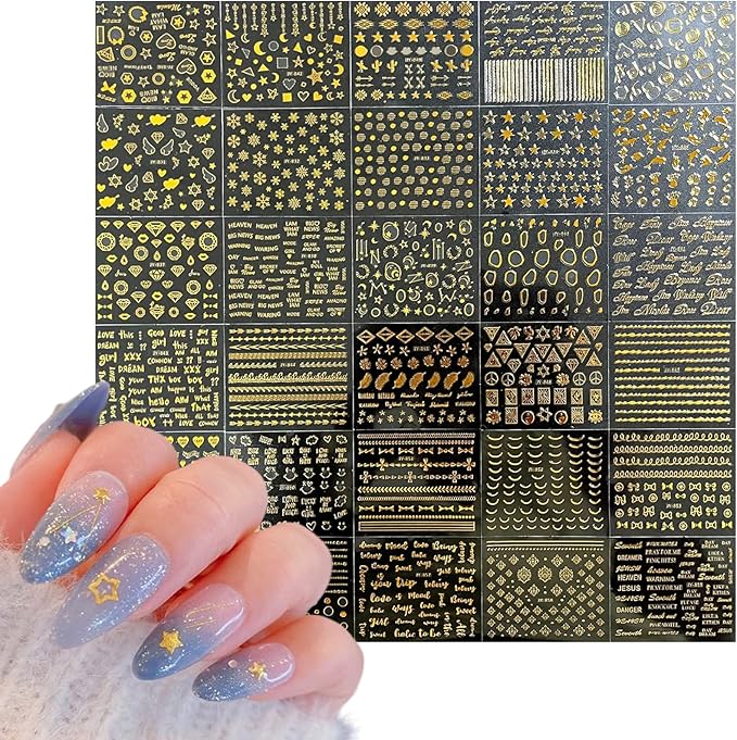 30 Sheets Gold Nail Art Stickers 3D Self-Adhesive Gold Stars Snowflakes Shiny Acrylic Heart Shape Line Design Suitable for Ladies Girls Nail Art Decoration