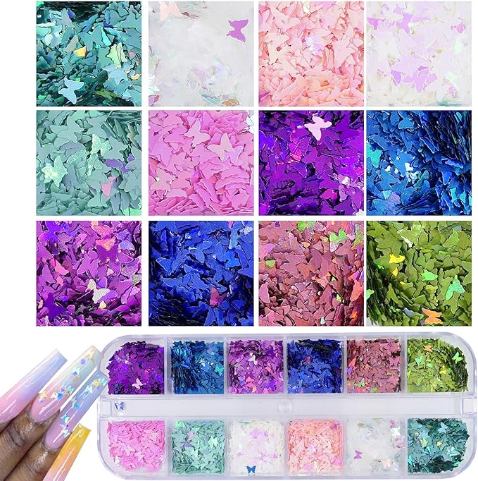 AddFavor 4 Boxes Holographic Nail Sequins Shapes Mixed Iridescent Nail Glitter Flakes Butterfly Hearts Star DIY Design Manicure Decorations Sets for Nail Art/Craft/Makeup