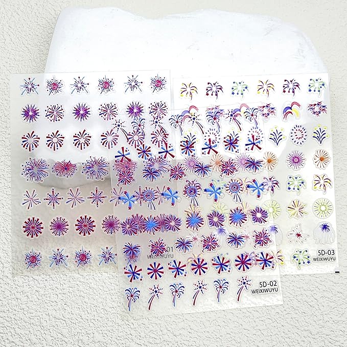 3Sheets Independence Day Colorful Firework Nail Art Stickers 4th of July Embossed Nail Art Decals Design,Holographic Patriotic Starry Sky Sparkling Fireworks for Women Memorial Day Manicure Decoration