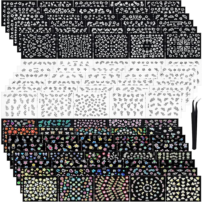 Blulu 5000 Pcs Flower Nail Stickers 100 Sheets 3D Self Adhesive Nail Stickers Multi Design Decals Multicolor Flower Manicure Decals with Tweezer(Classic-Chic Floral Series)