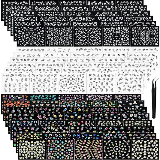 Blulu 5000 Pcs Flower Nail Stickers 100 Sheets 3D Self Adhesive Nail Stickers Multi Design Decals Multicolor Flower Manicure Decals with Tweezer(Classic-Chic Floral Series)