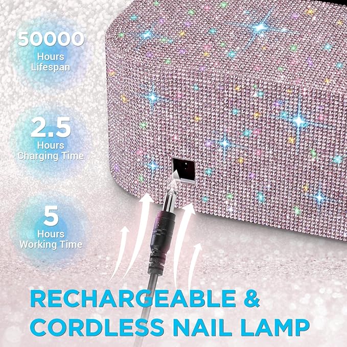 Aedavey Cordless UV Nail Lamp, Rechargeable UV Light for Gel Nails, LED Nail Lamp with 4 Timer Modes, Gel Nail UV Light Decorate with Sparkling Nail Rhinestones