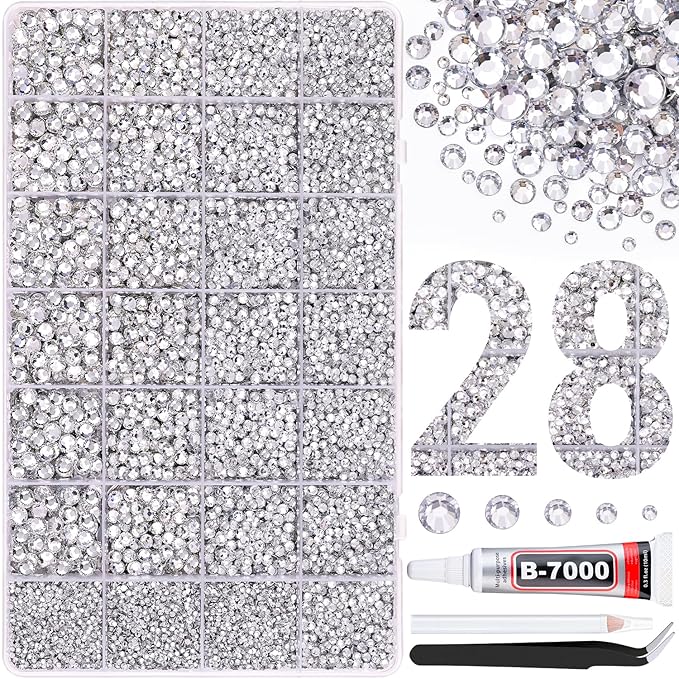 30000Pcs Resin Rhinestones for Bedazzling with B7000 Jewelry Glue, Clear Flatback Gems Rhinestones for Crafting, Clothing Tumblers Mugs Shoes Fabric Decor Nail Art