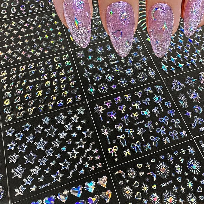 30 Sheets Star Nail Stickers Moon Nail Art Stickers 3D Embossed Self Adhesive Nail Decals Holographic Nails Design Aurora Line Bow Heart Nail Art Decals for Women Manicure DIY Decoration