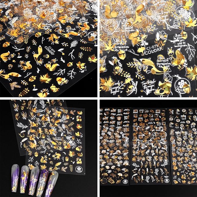 9 Sheets Bronzing Fall Nail Art Stickers 3D Glitter Metallic Maple Leaf Nail Stickers Autumn Laser White Gold Leaves Flower Nail Designs Thanksgiving Holiday Sticker for Women Manicure Tips