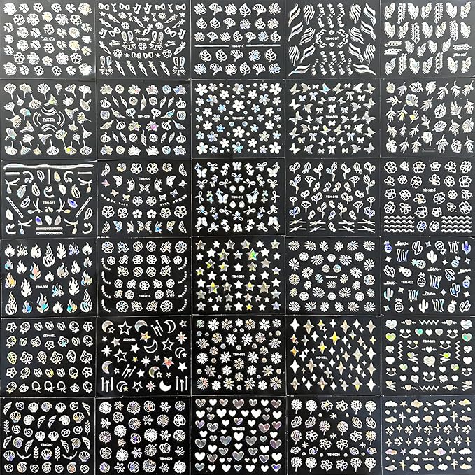30 Sheets Aurora Nail Art Stickers Decals 3D Self Adhesive Flower Nail Stickers Aurora Moon Star Nail Decals for Nail Art Leaf Heart Nail Design for DIY Acrylic Nails Decoration Accessories for Women
