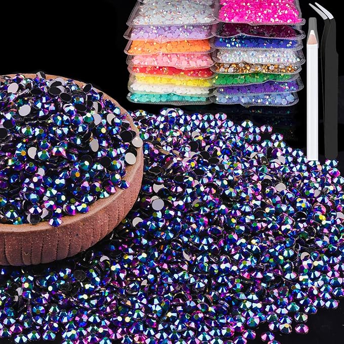 6000pcs 4mm Resin Rhinestones Bulk, Purplish Black AB Flatback Round Jelly Rhinestones Non Hotfix Crystal Gems Large Quantity Wholesale for DIY Crafts Clothes Bottles Face Makeup Manicure