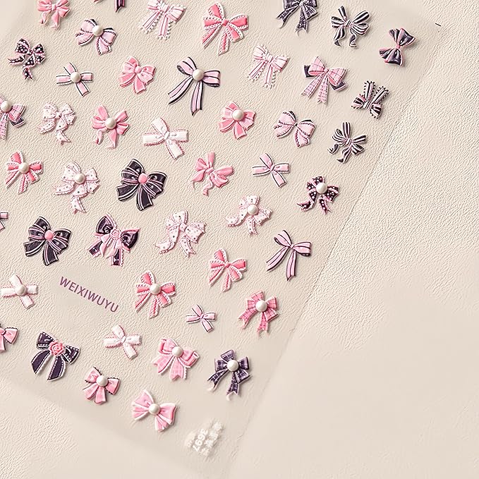 Pink Bow Knot Nail Art Stickers 5D Self-Adhesive Embossed Cute Bow Nail Decals Rhinestones Bow-Knot Elegant Pearl Design Nail Stickers for Women DIY Manicure Decorations