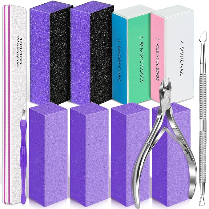 TsMADDTs 13PCS Nail Buffer Kit with 4-Way Buffing Block, 3-Way Sanding Block, 100/180 Files, Cuticle Trimmer, Nail Care Tool Kit