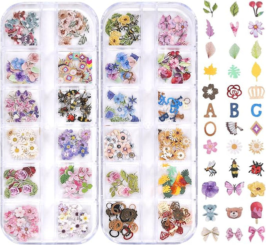 600Pcs 3D Flower Nail Art Charms Bee Bear Sequins Decals Colorful Mixed Bows Letters Design Slice Nail Maple Leaves Ultra Wood Pulp Flakes Sequins 4