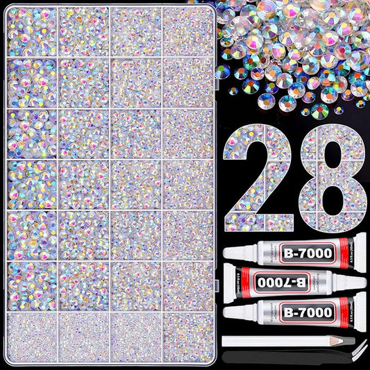 30000Pcs Resin Rhinestones for Bedazzling with 3Pcs B7000 Jewelry Glue, Transparent AB Flatback Gems Rhinestones for Crafting, Clothing Tumblers Mugs Shoes Fabric Decor Nail Art