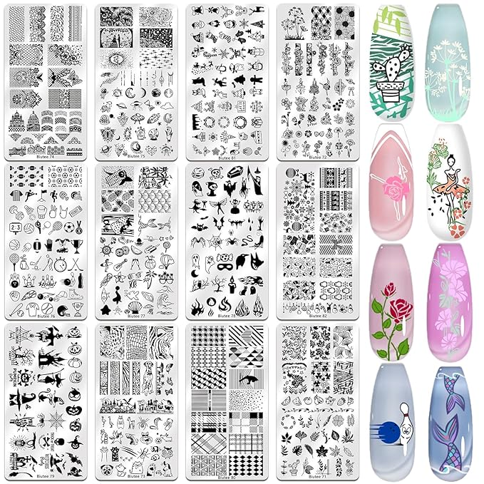 Biutee Nail Stamping Plate Set 12Pcs Nail Art Stamping Plates Nail Stamping Kit Nail Stamper Kit Flower Leaves Animal Lace Star Halloween Christmas Design Nail Stamp Plate