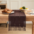 Macrame Style Boho Table Runner, 12x60 Inch Chocolate | Woven Boho Table Runner - Image 2