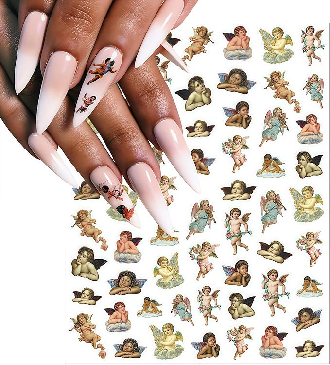 8 Sheets Angel Nail Art Stickers 3D Self-Adhesive Cupid Angel Rose Flowers Wings Heart Design Stickers Decals Valentine's for Women Acrylic DIY Manicure Salon Decoration Kits