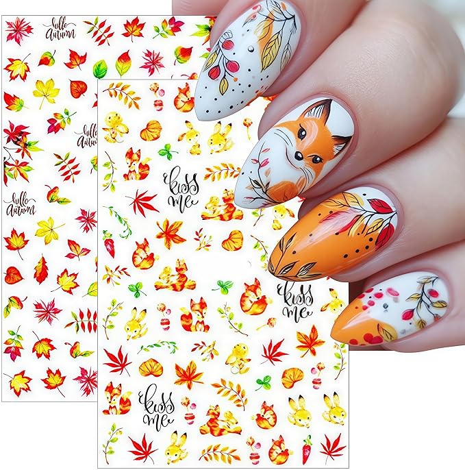 8 Autumn Maple Leaf Nail Art Stickers 3D Self-Adhesive Golden Maple Leaf Ginkgo Leaf Squirrel Cute Nail Decal Designs Women Girls Thanksgiving Nail Art Decoration Supplies