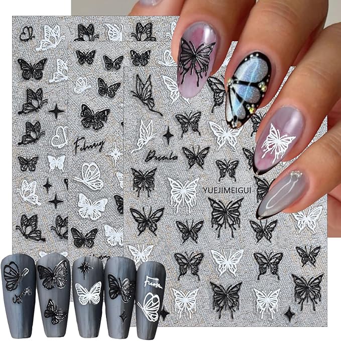 3 Sheets Hollow Butterfly Nail Art Stickers Ribbon Butterfly Nail Decals 5D Embossed Self Adhesive Black White Butterflies Nails Design Stickers for Women Manicure Decoration