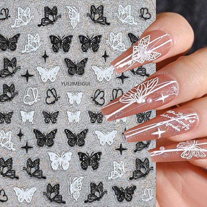 3 Sheets Hollow Butterfly Nail Art Stickers Ribbon Butterfly Nail Decals 5D Embossed Self Adhesive Black White Butterflies Nails Design Stickers for Women Manicure Decoration