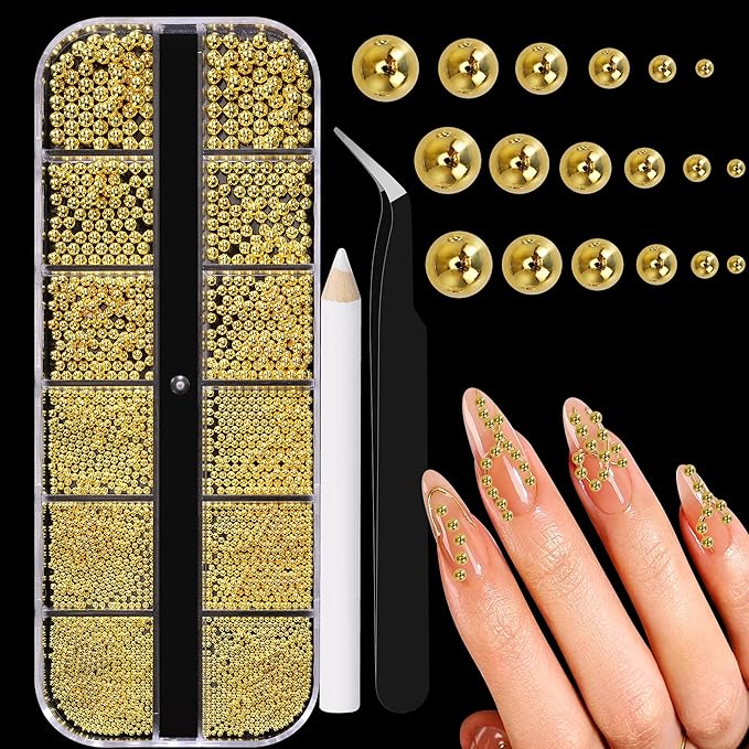 Mini Small Stainless Steel Beads Nail Chain Charms Nails Art Decorations Gun Grey Nail Studs Gold Caviar Nail Charms DIY Tool Nail Studs Accessories Caviar Beads for Nails (Gold) 1