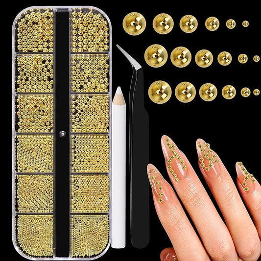 Mini Small Stainless Steel Beads Nail Chain Charms Nails Art Decorations Gun Grey Nail Studs Gold Caviar Nail Charms DIY Tool Nail Studs Accessories Caviar Beads for Nails (Gold) 1