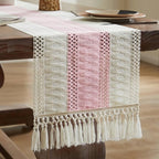 Macrame Style Bicolor Stitching Table Runner 14x90in Light Pink | Woven Boho - Image 7