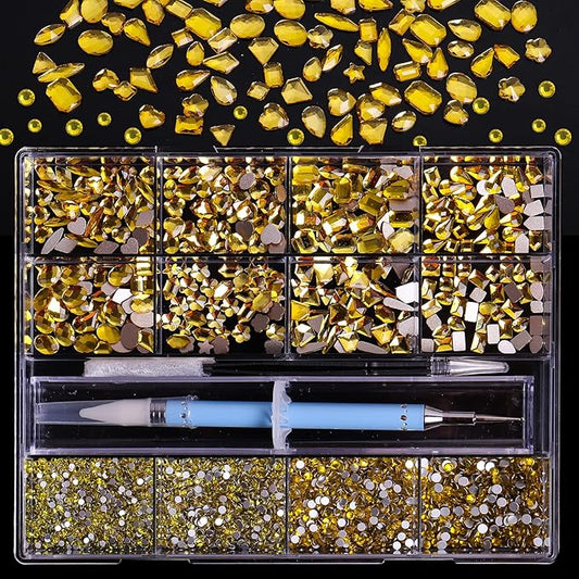 3320Pcs Lemon Yellow Nail Art Rhinestones Crystal,3D Rhinestones Gems Jewels Diamond,24 Types of 320 Diamonds + 3000 Round Beads, Crystals 3D Flat Back Gemstones for Nail DIY Crafts with Tweezers Pen