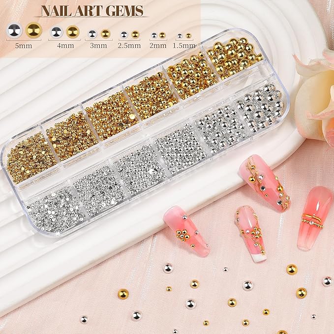 2 Boxes Sparkling Rhinestones and Pearls Kit for Acrylic Nails, 1.5-6mm Flatback Crystal AB Clear Gemstones 1.5-5mm Gold/Silver Nail Pearls for Women DIY Manicure Crafts (11-S2-Glass)