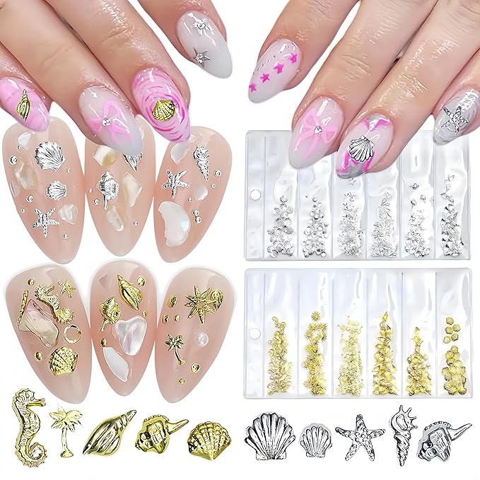 400Pcs Alloy Gold Silver Shell Starfish Nail Charms 3D Ocean Theme Nail Rhinestones Metal Beach Starfish Conch Seashell Nail Nails Gems Crystal Nail Jewels Supplies for Women DIY Manicure Accessories