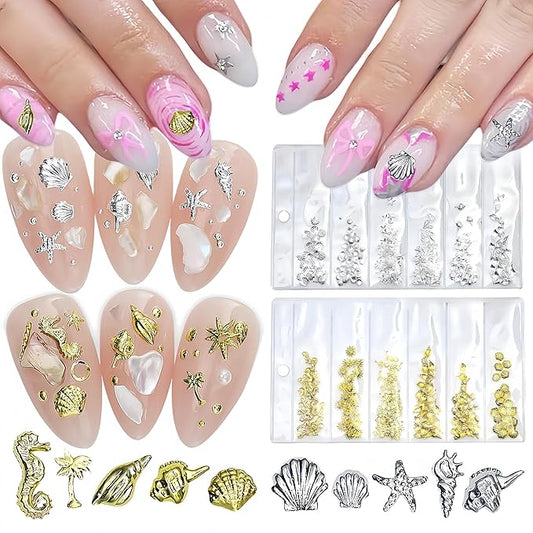 400Pcs Alloy Gold Silver Shell Starfish Nail Charms 3D Ocean Theme Nail Rhinestones Metal Beach Starfish Conch Seashell Nail Nails Gems Crystal Nail Jewels Supplies for Women DIY Manicure Accessories