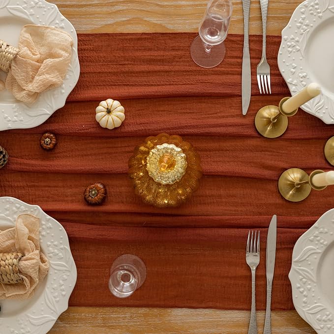 3Pcs Fall Terracotta Cheesecloth Table Runner 120 Inch Party Home Decor | - Image 6