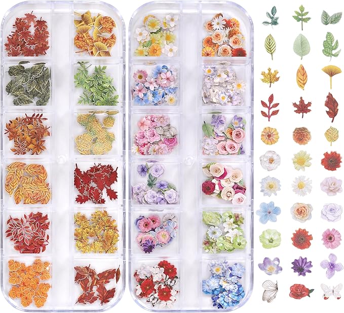 600Pcs 3D Flower Nail Art Charms Sequins Decals Colorful Mixed Flowers Leaves Design Slice Nail Flowers Ultra Wood Pulp Flakes Sequins