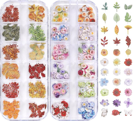 600Pcs 3D Flower Nail Art Charms Sequins Decals Colorful Mixed Flowers Leaves Design Slice Nail Flowers Ultra Wood Pulp Flakes Sequins