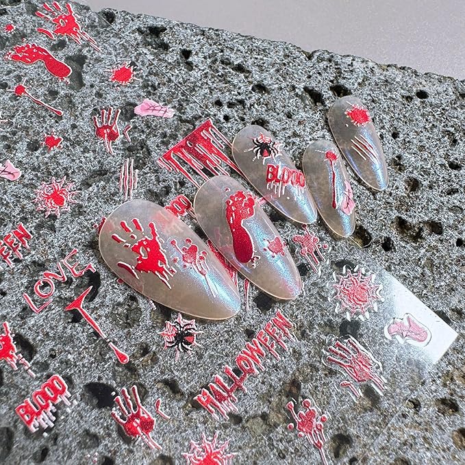 1 Sheets Halloween Nail Stickers for Nail Art Embossed Bloody Handprint Nail Art Stickers Blood Drop Spider Gothic Nail Decals 5D Self-Adhesive Bloody Footprints Nail Design Decals for Women