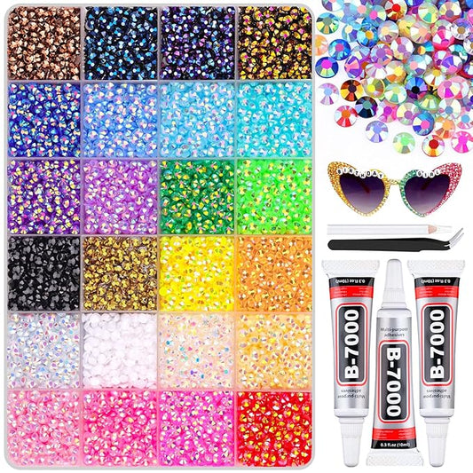 12600Pcs Resin Rhinestones with B7000 Jewelry Glue for Crafting, Multicolors 4mm Non Hotfix Flatback Gems, Bedazzling Crystal for DIY Crafts Clothing Tumblers Mugs Shoes Fabric Decor Nail Art