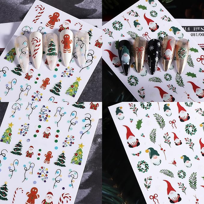 6 Sheets Christmas Nail Art Stickers Gingerbread Man Nail Stickers 3D Christmas Tree Santa Claus Nail Decals Winter Cartoon Christmas Light Design Nail Supplies for Women New Year DIY Manicure Decor