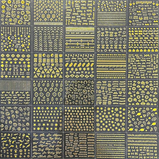 Gold Star Nail Art Stickers - 30 Sheets 3D Self-Adhesive Decals With Line and Heart Designs for Acrylic Nails - Art Supplies Decoration Accessories for Women