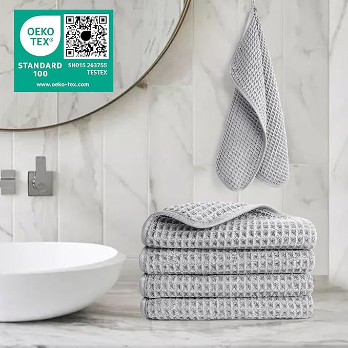 POLYTE Microfiber Lint Free Washcloth Face Towel, 13 x 13 in, 4 Pack (Waffle Weave)